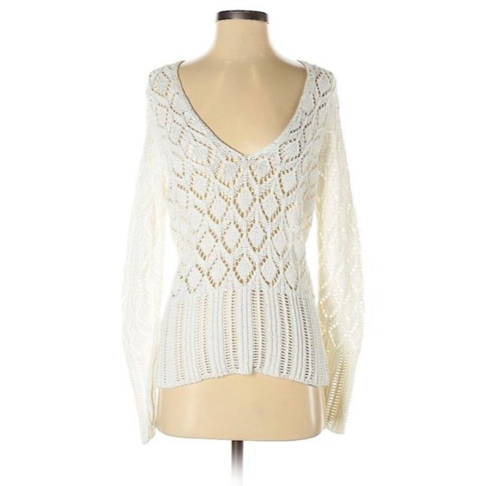 ann taylor loft boho Metallic crochet ooen knit white sweater S